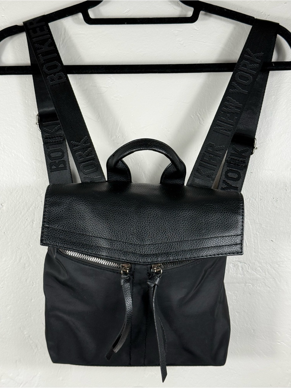 Botkier New York Faux Black Leather-Trim Mini Backpack Purse with Webbing Straps